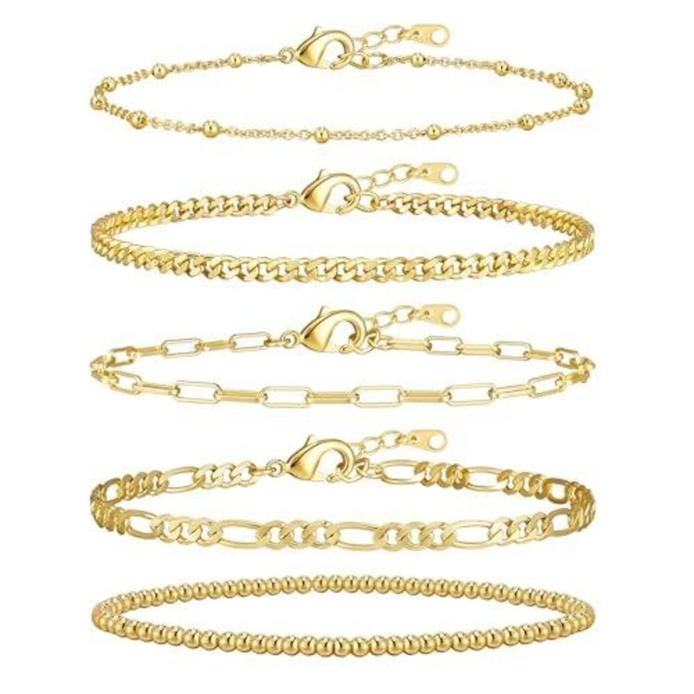 Gold Plated Bracelet Set 5pc Paperclip Curb Figaro Beaded‎ Stacking Jewelry New